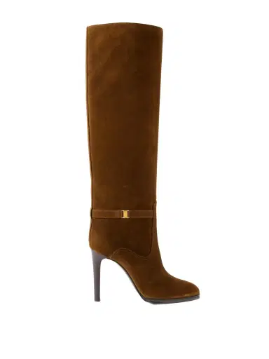Saint Laurent Diane Logo-embellished Suede Knee Boots | Thumbnail 1 Saint Laurent Diane Logo-embellished Suede Knee Boots | Thumbnail 1