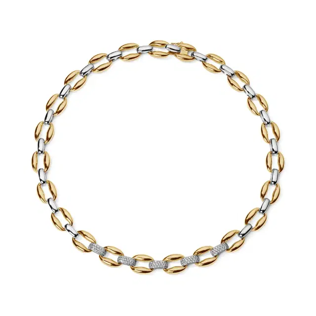 Gold and Pave Oval Link Necklace with 5 Pave Sections