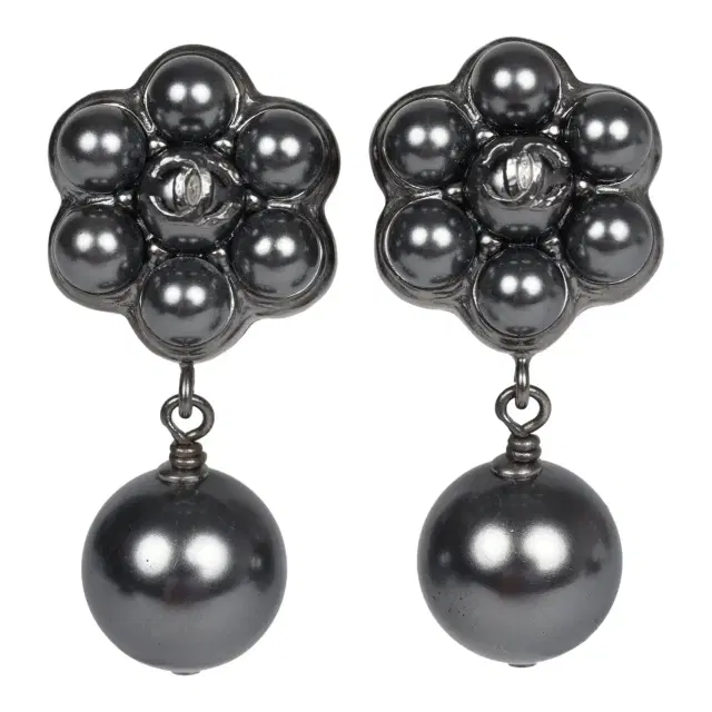 Chanel Chanel Flower Pearl Cluster Dangle Earrings Dark Grey Ruthenium Hardware