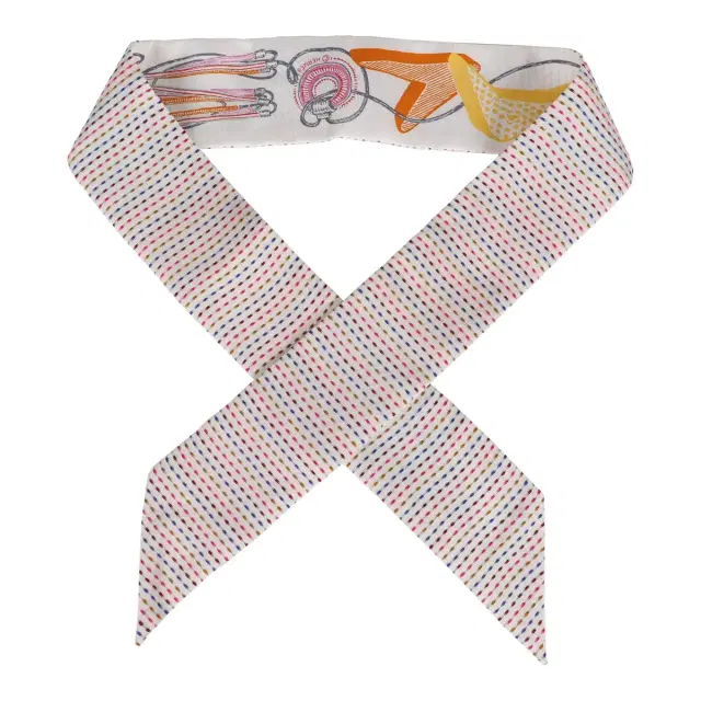 Hermes "Chevaloscope Pointille" White Silk Twilly Pair