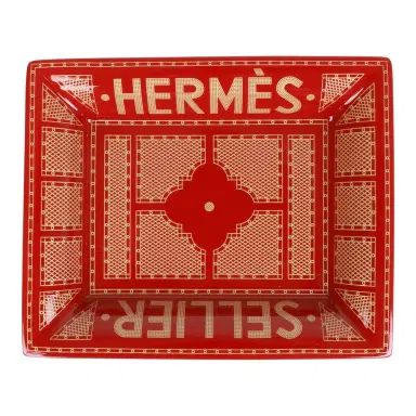 HERMÈS Hermes 2H Vide Poche "Hermes Sellier" Rouge Porcelain Change Tray | Thumbnail 1 HERMÈS Hermes 2H Vide Poche "Hermes Sellier" Rouge Porcelain Change Tray | Thumbnail 1