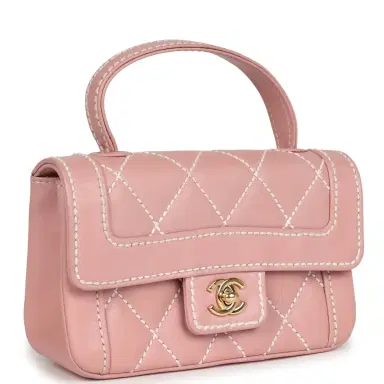 Chanel Vintage Chanel Mini Wild Stitch Surpique Top Handle Flap Bag Pink Calfskin Gold Hardware | Thumbnail 2