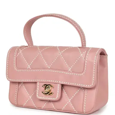 Chanel Vintage Chanel Mini Wild Stitch Surpique Top Handle Flap Bag Pink Calfskin Gold Hardware | Thumbnail 3