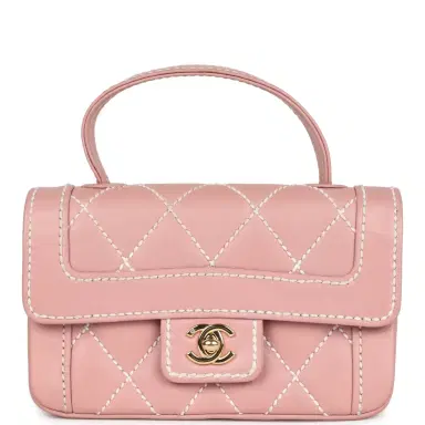 Chanel Vintage Chanel Mini Wild Stitch Surpique Top Handle Flap Bag Pink Calfskin Gold Hardware | Thumbnail 1