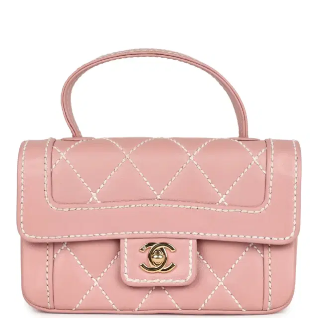 Chanel Vintage Chanel Mini Wild Stitch Surpique Top Handle Flap Bag Pink Calfskin Gold Hardware