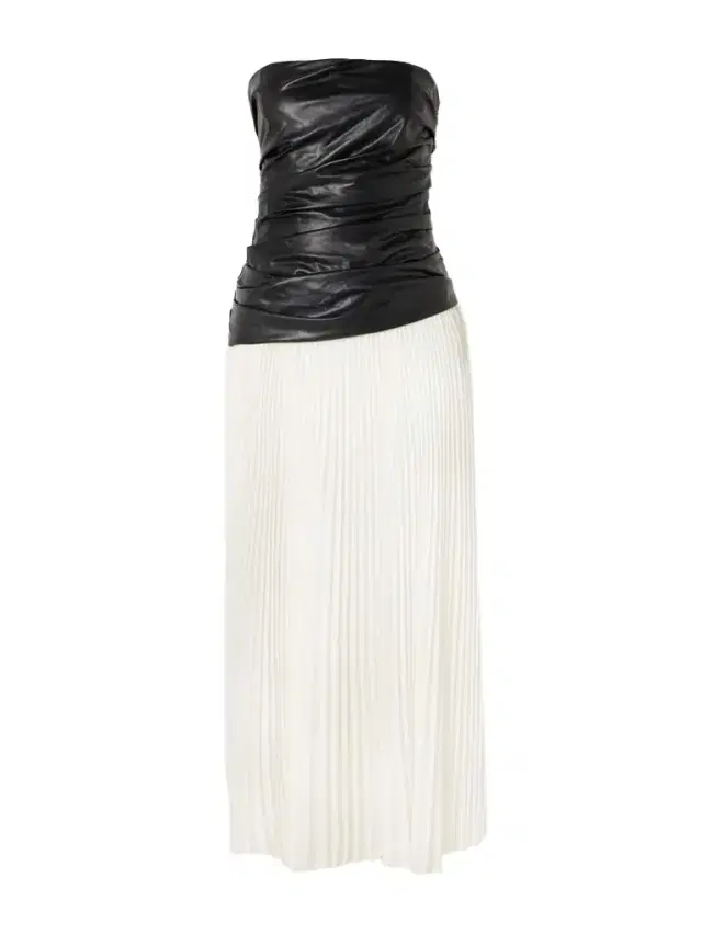 Arie Ruched Strapless Faux Leather And Pleated Crepe De Chine Midi Dress