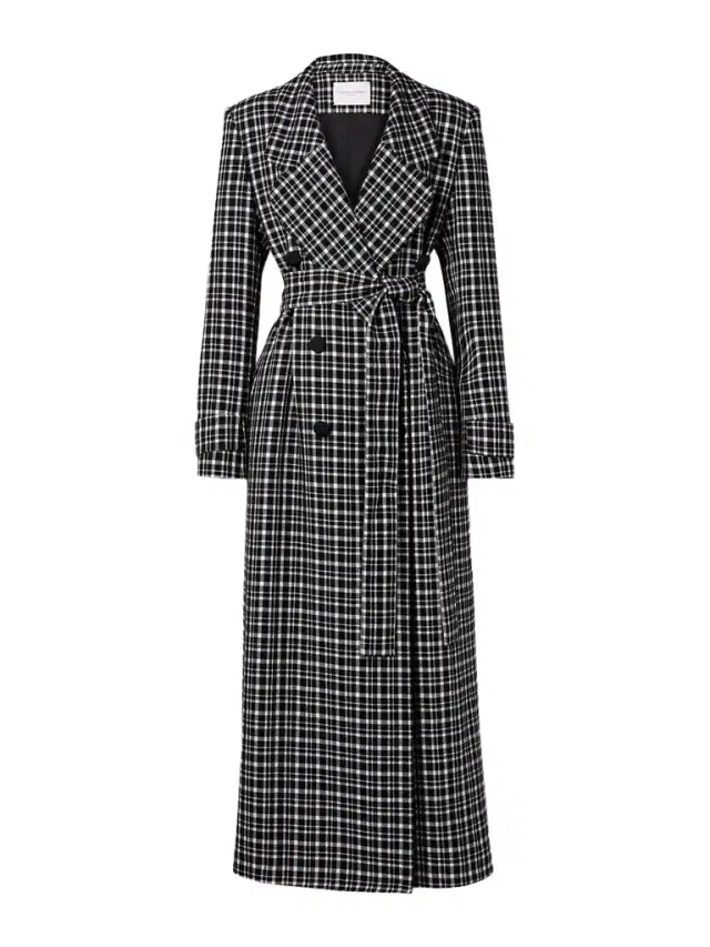 Belted Double-breasted Checked Woven Coat