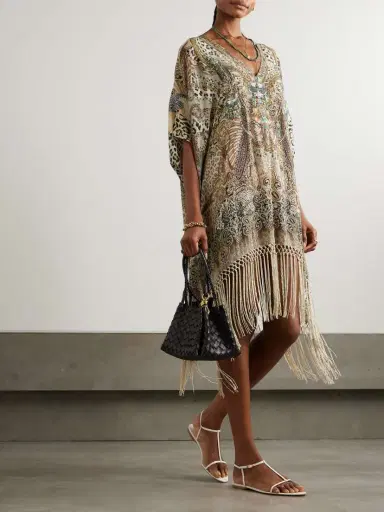 Camilla The Throne Room Crystal-embellished Fringed Printed Silk Kaftan - Beachwear One Size | Thumbnail 2