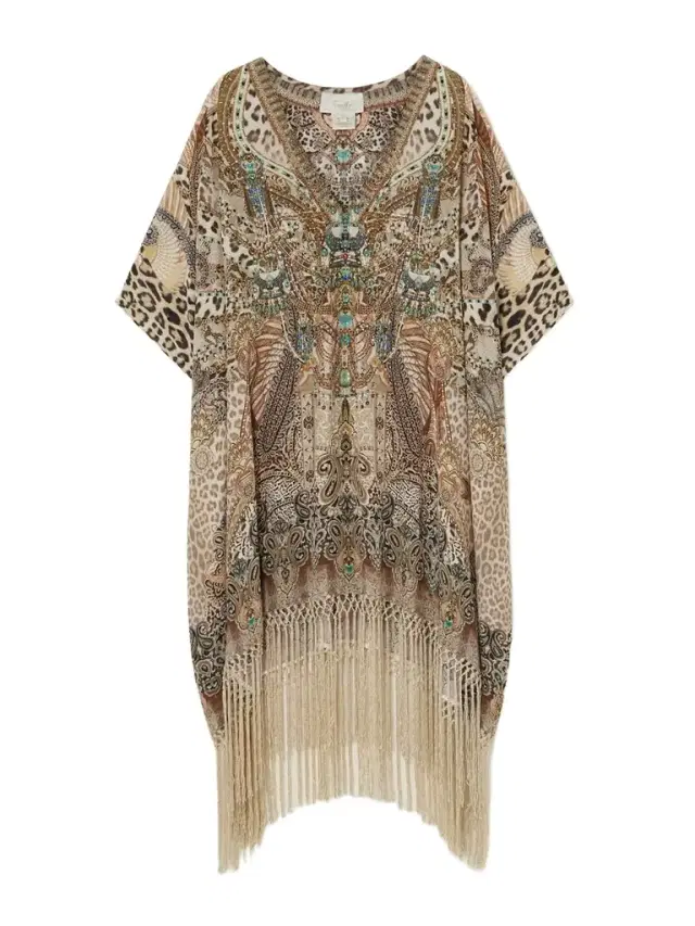 The Throne Room Crystal-embellished Fringed Printed Silk Kaftan - Beachwear One Size