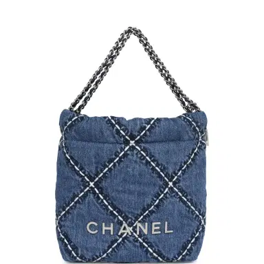Chanel Chanel Mini 22 Bag Blue Stitched Denim Silver Hardware | Thumbnail 1
