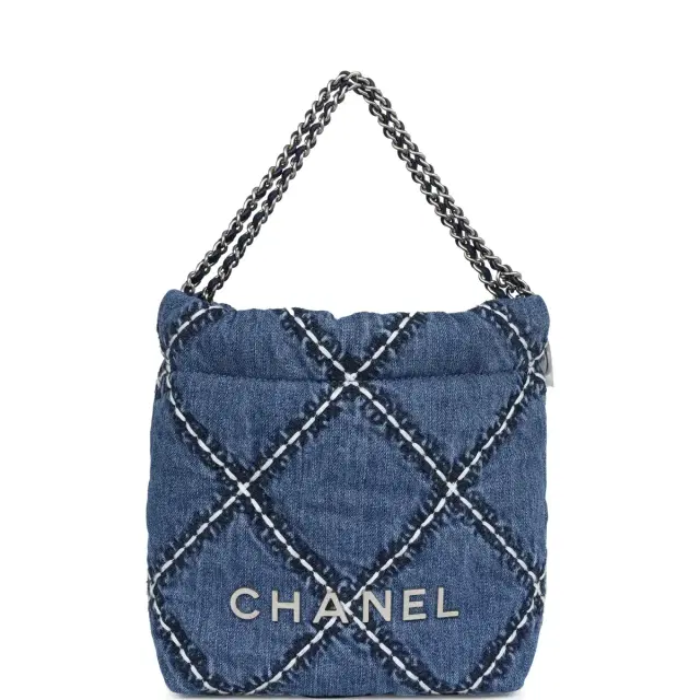 Chanel Mini 22 Bag Blue Stitched Denim Silver Hardware