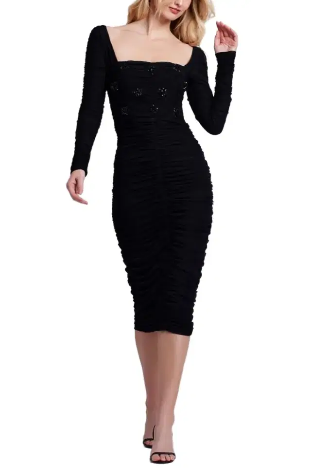 PatBo PREORDER: HAND BEADED STRETCH TULLE MIDI DRESS
