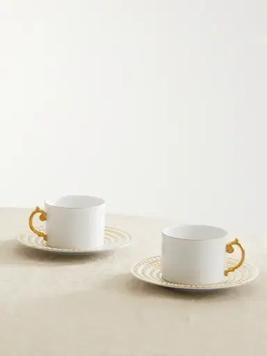 L'Objet Perlée Set Of Two Gold-plated Porcelain Teacup And Saucers | Thumbnail 1 L'Objet Perlée Set Of Two Gold-plated Porcelain Teacup And Saucers | Thumbnail 1