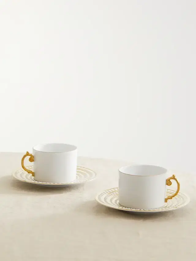 Perlée Set Of Two Gold-plated Porcelain Teacup And Saucers