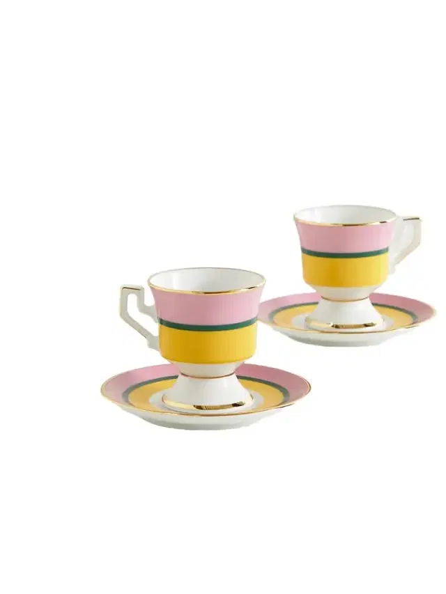 Set Of Two Gold-plated Porcelain Espresso Cups And Saucers