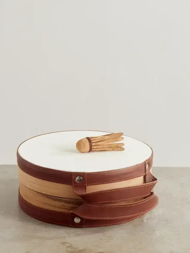 Brunello Cucinelli Walnut Wood, Leather And Cork Tamburello Set