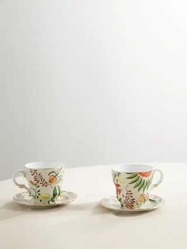 Set Of Two Gold-plated Porcelain Espresso Cups And Saucers