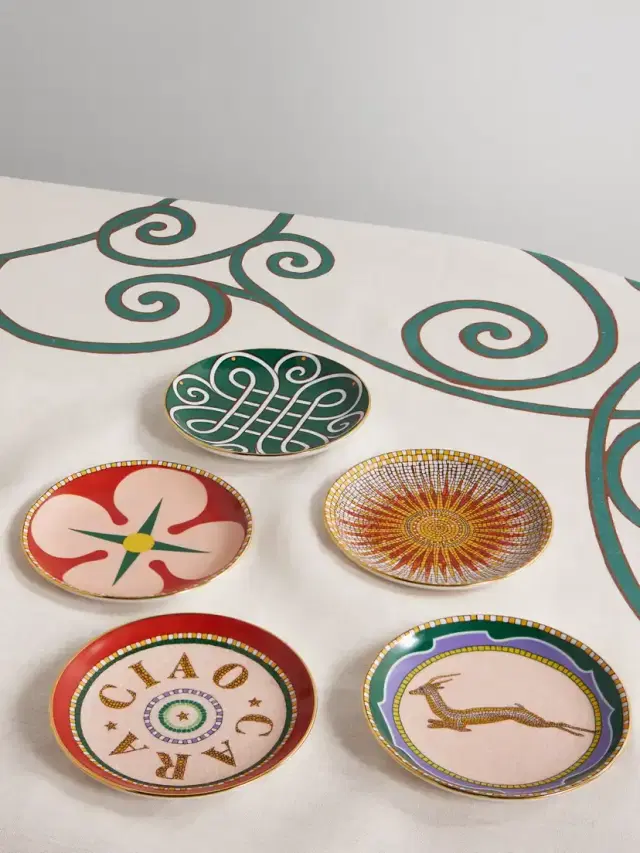 Set Of Five Mini Gold-plated Painted Porcelain Plates