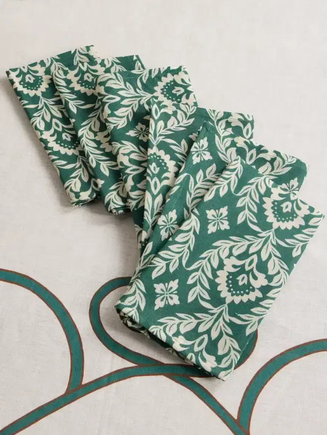 Set Of Six Floral-print Linen Napkins