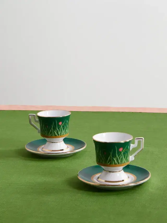 La DoubleJ Set Of Two Gold-plated Painted Porcelain Espresso Cups And Saucers