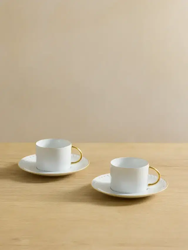 Neptune Set Of Two Gold-plated Porcelain Tea Cups And Saucers