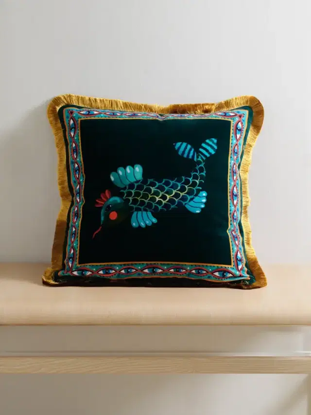 Fringed Embroidered Cotton-blend Velvet Cushion