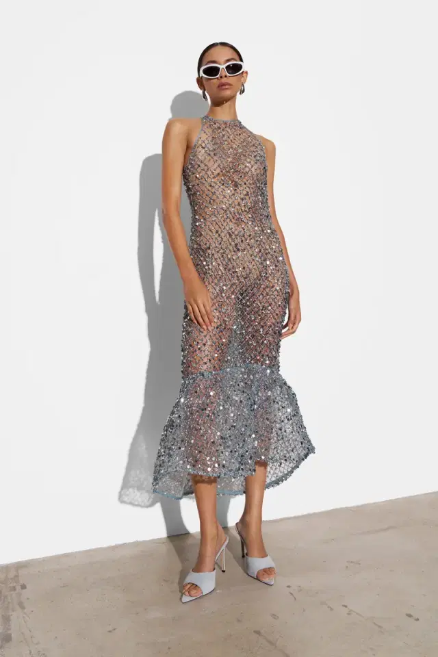 LAPOINTE Mesh Sequin High Low Dress