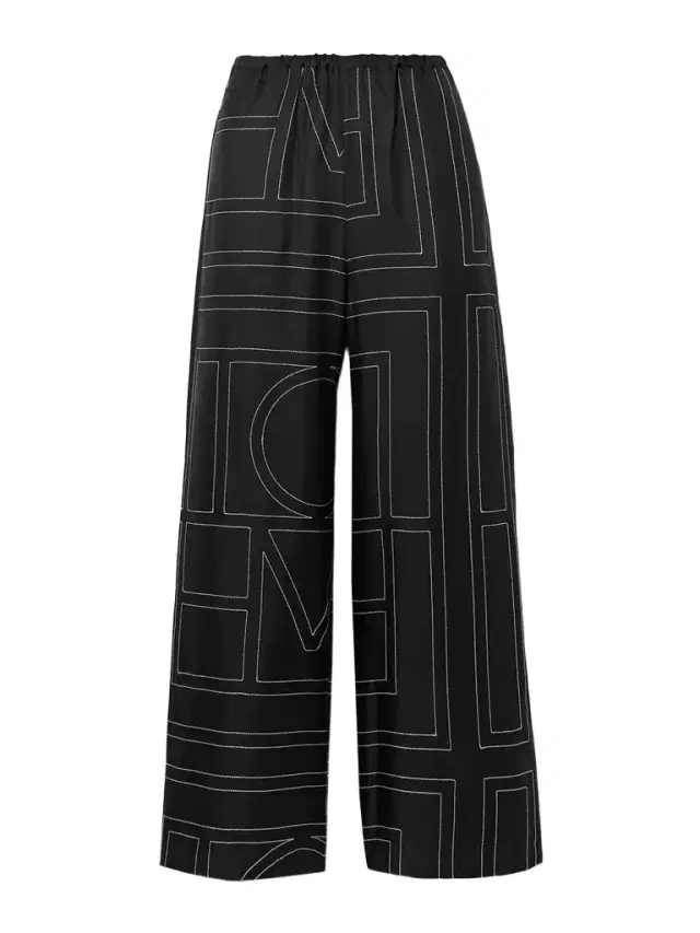 Embroidered Silk-twill Wide-leg Pants
