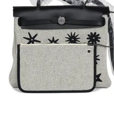 HERMÈS Hermes Herbag Zip 31 PM Hobnailed Black and Ecru Printed H Plume Canvas and Vache Hunter Palladium Hardware | Thumbnail 7 HERMÈS Hermes Herbag Zip 31 PM Hobnailed Black and Ecru Printed H Plume Canvas and Vache Hunter Palladium Hardware | Thumbnail 7