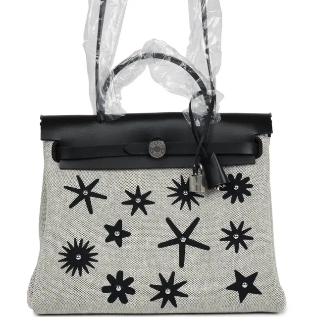 hermes Hermes Herbag Zip 31 PM Hobnailed Black and Ecru Printed H Plume Canvas and Vache Hunter Palladium Hardware