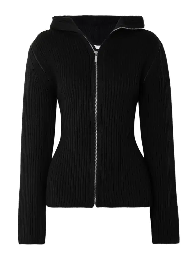 Hooded Convertible Ribbed Merino Wool Cardigan