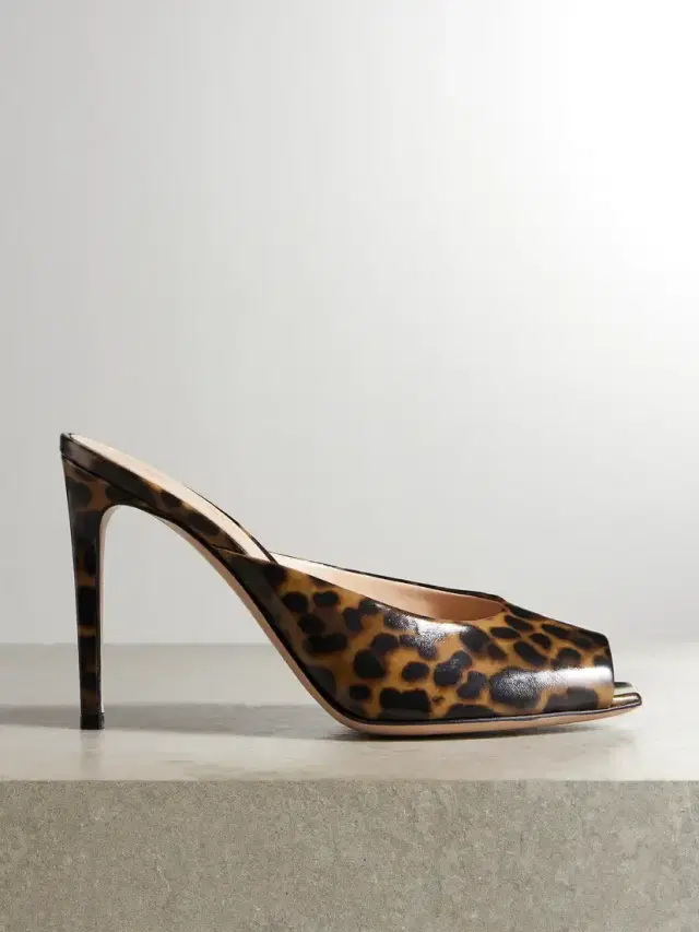 Ethel 95 Leopard-print Glossed-leather Mules