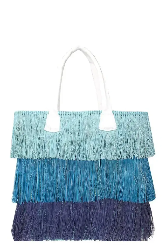 SENSI STUDIO 3 Tones Frayed Straw Tote - Blue