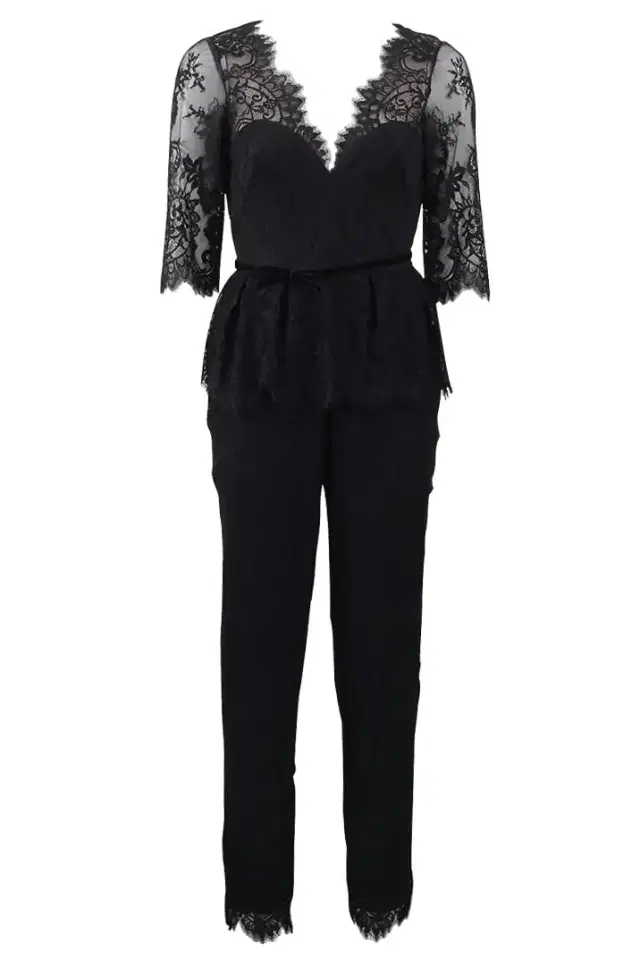 Marchesa Notte Belted Lace Jumpsuit