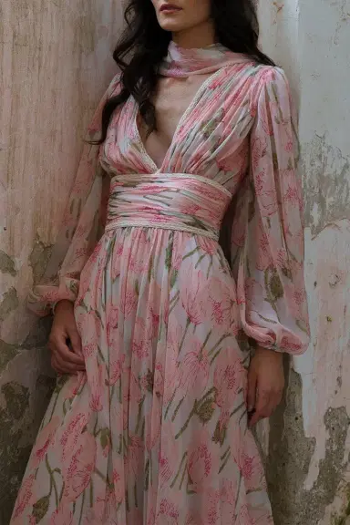 LUISA BECCARIA Big Poppies Chiffon Dress | Thumbnail 3