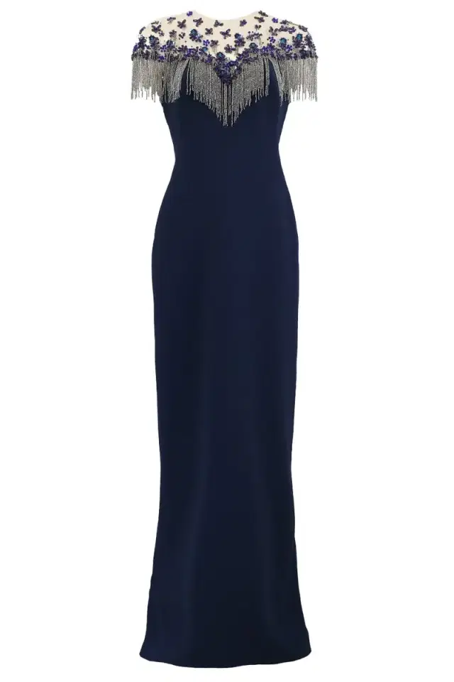 PAMELLA ROLAND Embroidery Gown With Beaded Fringe