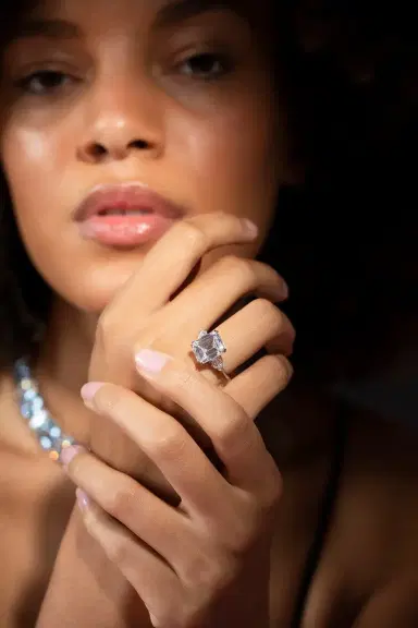 FANTASIA by DESERIO Emerald Cut Three Stone Ring | Thumbnail 2