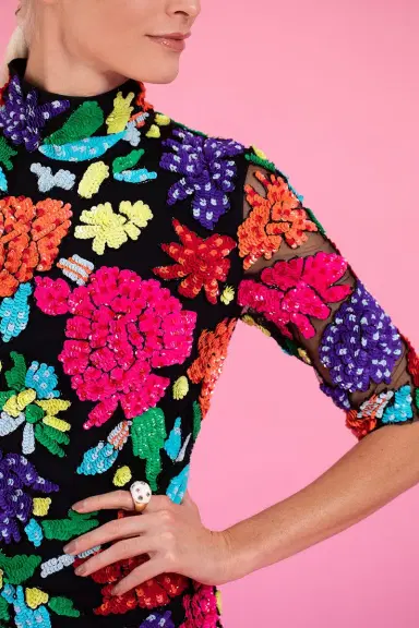 Naeem Khan Floral Beaded Mock Neck Dress | Thumbnail 4