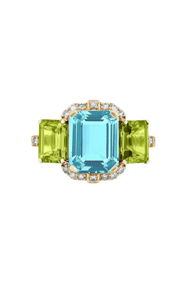 GOSHWARA Gossip Three Stone Blue Topaz Peridot Ring
