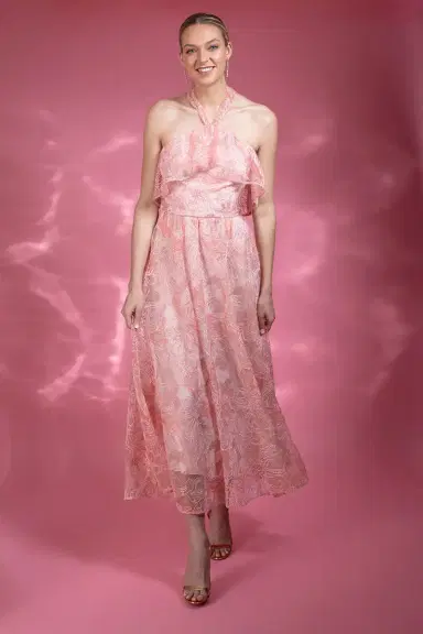 MONIQUE LHUILLIER Halter Ruffle Cocktail Dress | Thumbnail 3