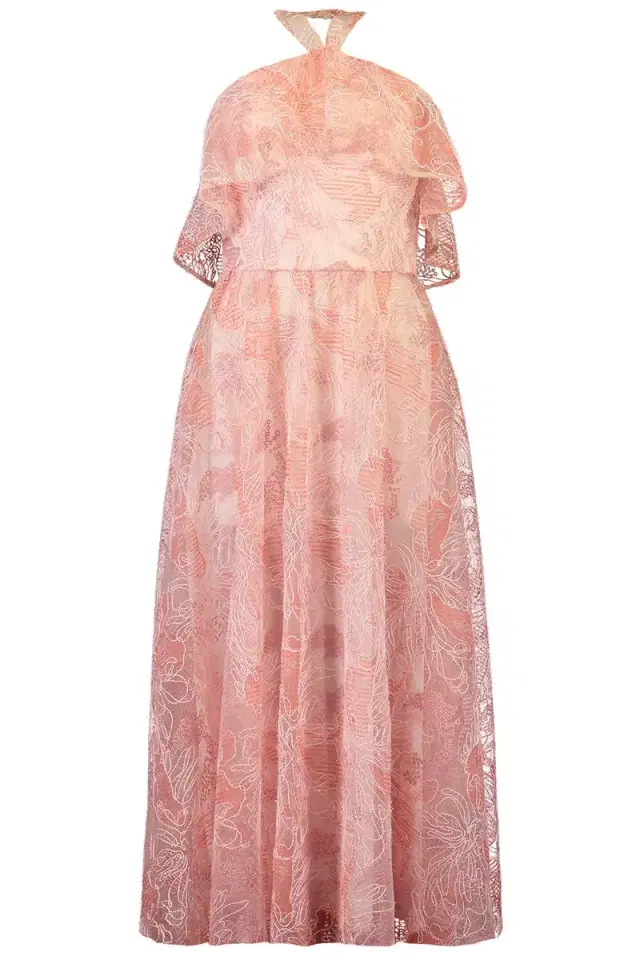 MONIQUE LHUILLIER Halter Ruffle Cocktail Dress