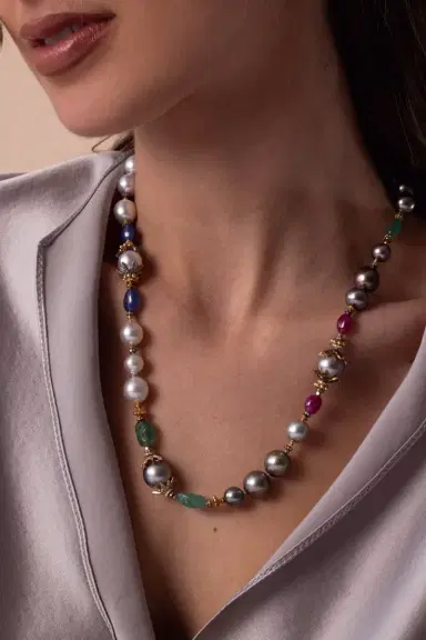 VERDURA Pearl Emerald Sapphire Beaded Necklace | Thumbnail 3