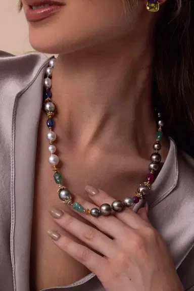 VERDURA Pearl Emerald Sapphire Beaded Necklace | Thumbnail 4
