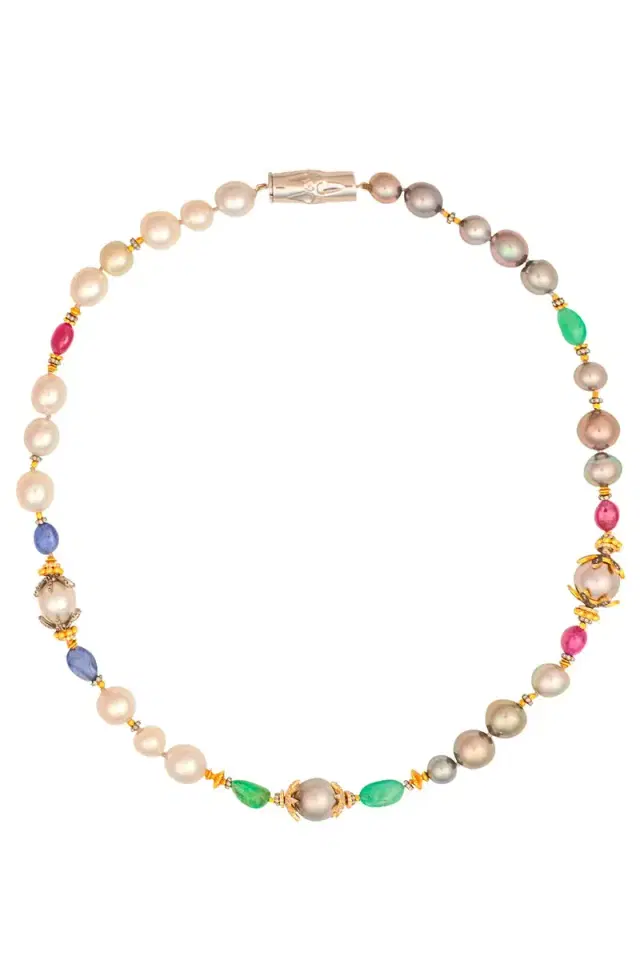 VERDURA Pearl Emerald Sapphire Beaded Necklace