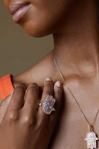 BUDDHA MAMA Pink Enamel Hamsa Ring | Thumbnail 2