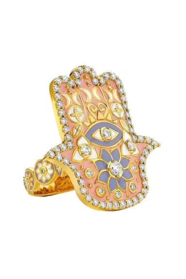 BUDDHA MAMA Pink Enamel Hamsa Ring | Thumbnail 1