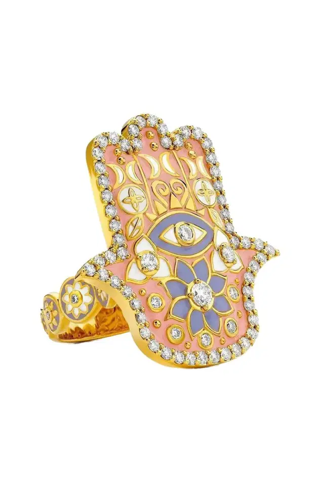 BUDDHA MAMA Pink Enamel Hamsa Ring