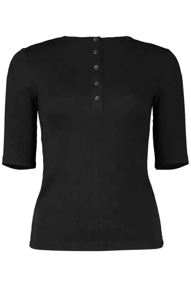Rib Elbow Sleeve Henley - Black