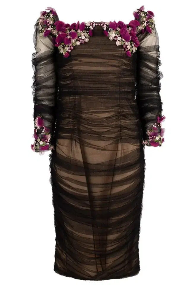 PAMELLA ROLAND Tulle Off Shoulder Beaded Dress