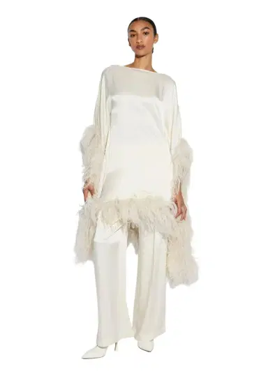 Lapointe Satin Cape Dress With Feathers | Thumbnail 1 Lapointe Satin Cape Dress With Feathers | Thumbnail 1